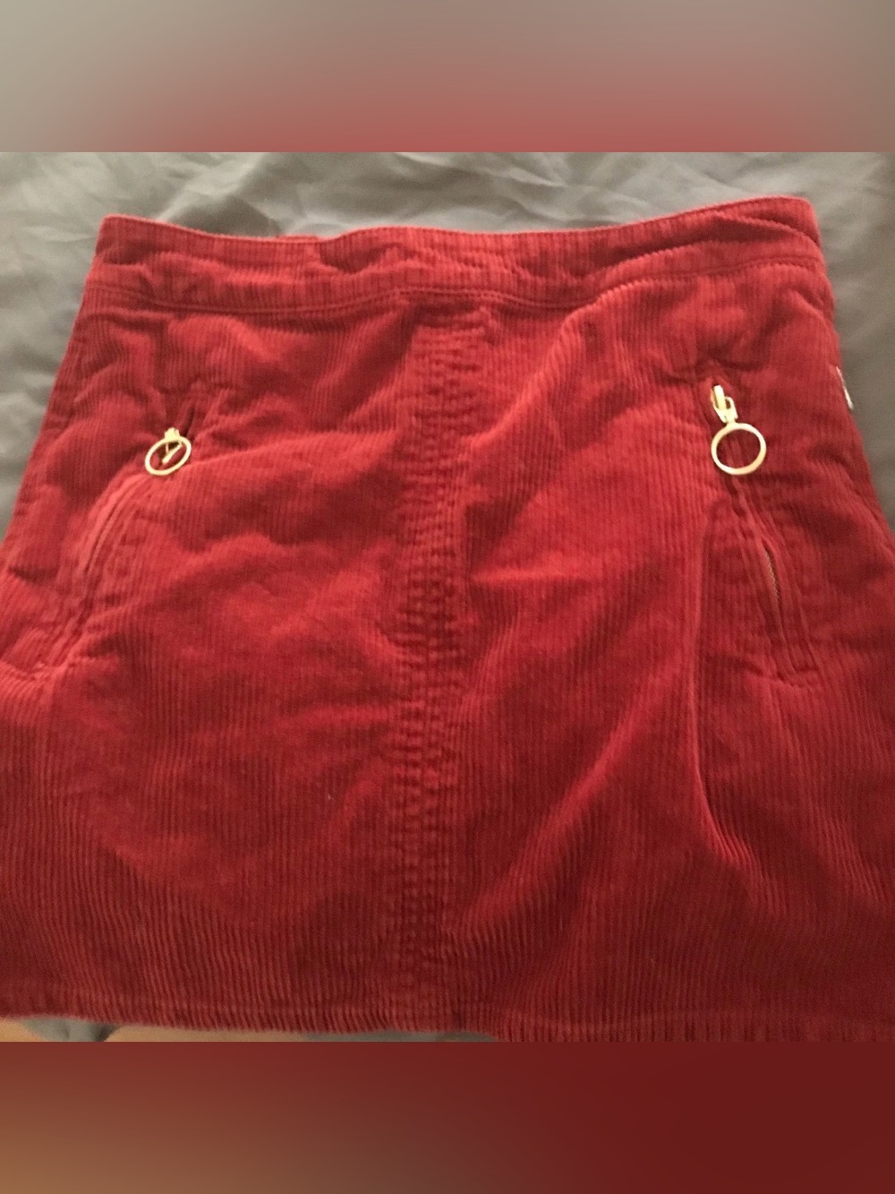 Women's Red Corduroy Skirt with Gold Ring Accents